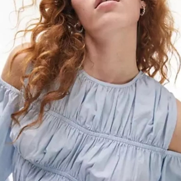 Topshop Shirred Poplin Off The Shoulder Blouse in Blue Size 6 - Picture 7 of 10